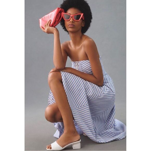 NEW Anthropologie Maeve Blue Chevron Striped Strapless A-Line Dress Medium - Picture 4 of 7